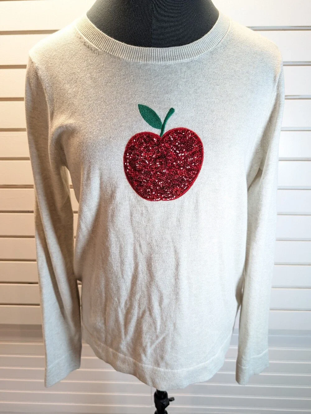 J. Crew Teddie Cotton Crewneck Sweater Red Sequin Apple Size Large EUC